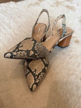 ANTONIO MELANI Beige and Black Snake-Print Slingback Block Heel